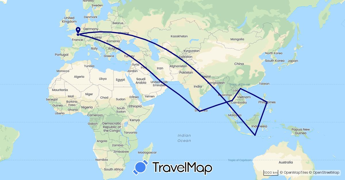 TravelMap itinerary: driving in United Arab Emirates, France, Indonesia, Sri Lanka, Philippines, Thailand, Vietnam (Asia, Europe)